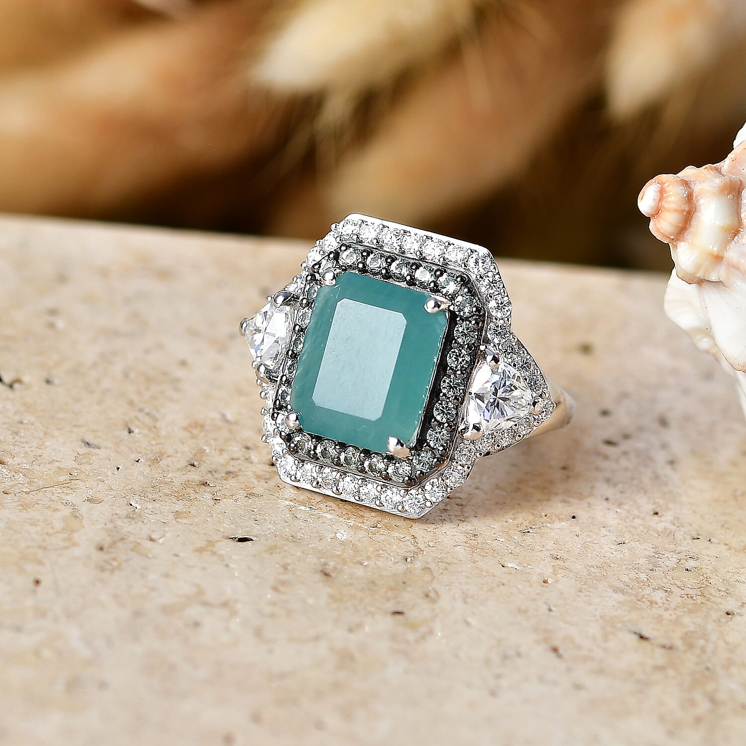 D'Joy Premium Grandidierite and Multi Gemstone 7.60 ctw Ocean Embrace Ring in Rhodium Over Sterling Silver (Size  6.0)
