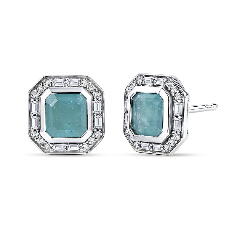 D'Joy Premium Grandidierite and Moissanite 2.60 ctw Ocean Deco Studs Earrings in Rhodium Over Sterling Silver