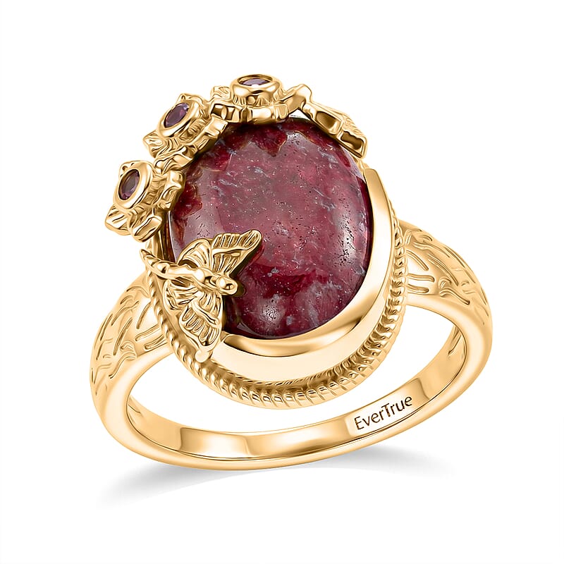 EverTrue Premium Norwegian Thulite and Orissa Rhodolite Garnet 8.35 ctw Butterfly in Bloom Ring in 18K YG Plated (Size 6.0)