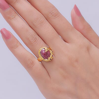 EverTrue Premium Norwegian Thulite and Orissa Rhodolite Garnet 8.35 ctw Butterfly in Bloom Ring in 18K YG Plated (Size 6.0)