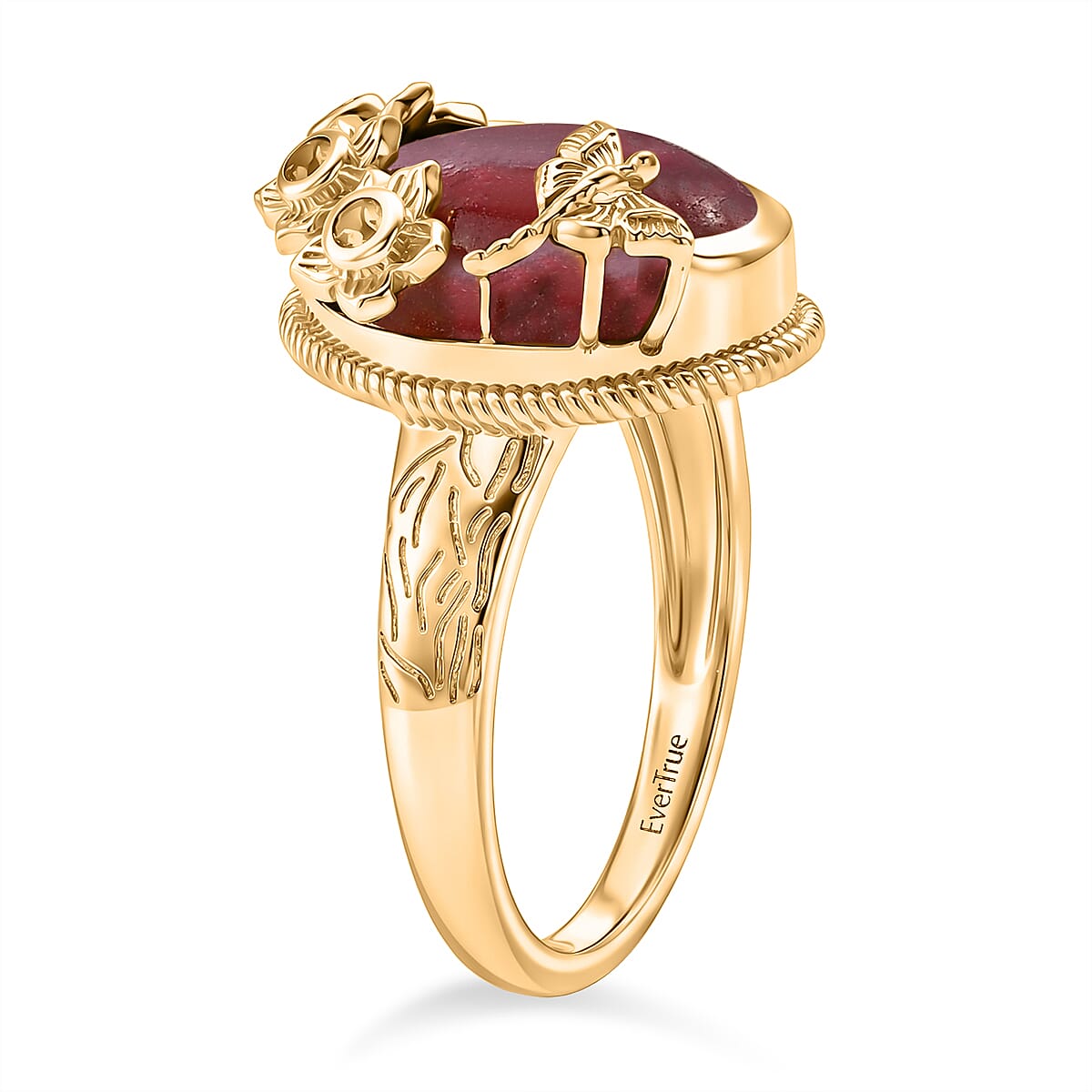 EverTrue Premium Norwegian Thulite and Orissa Rhodolite Garnet 8.35 ctw Butterfly in Bloom Ring in 18K YG Plated (Size 6.0)
