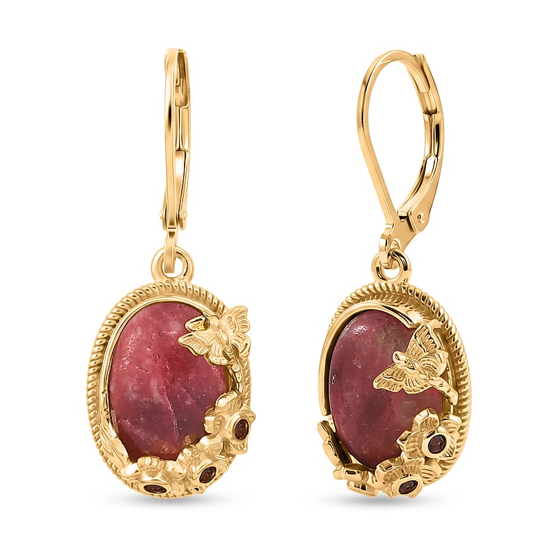 EverTrue Premium Norwegian Thulite and Orissa Rhodolite Garnet 9.90 ctw Butterfly in Bloom Earrings in 18K Yellow Gold Plated