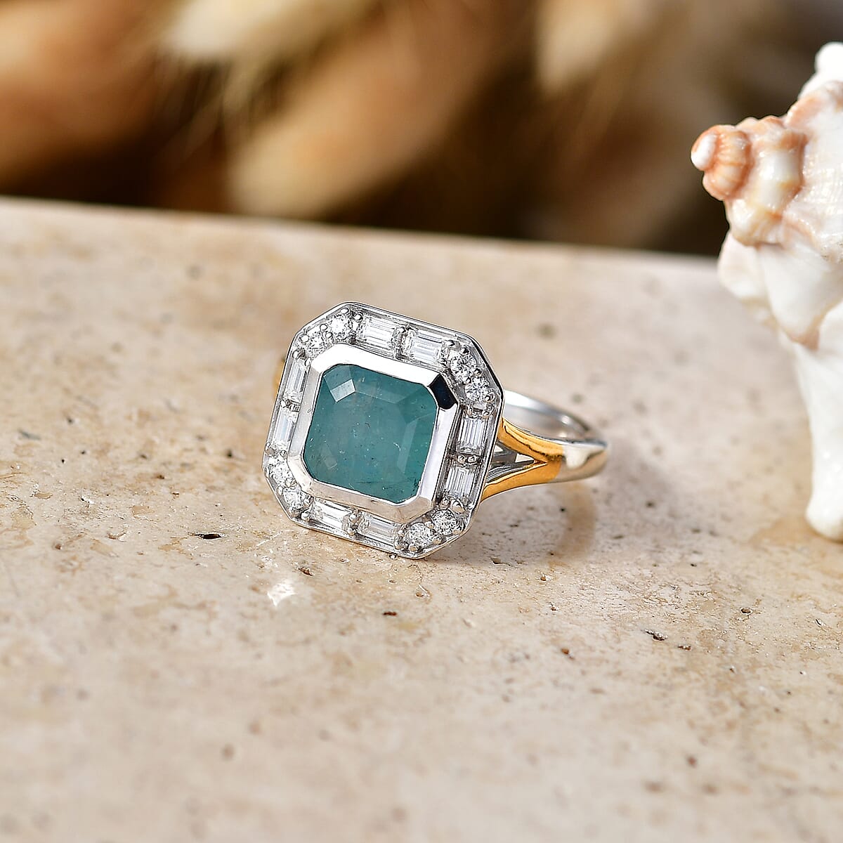 D'Joy Premium Grandidierite and Moissanite 3.25 ctw Ocean Deco Ring in 18K Vermeil YG and Rhodium Over Sterling Silver (Size  11.0) image number 1