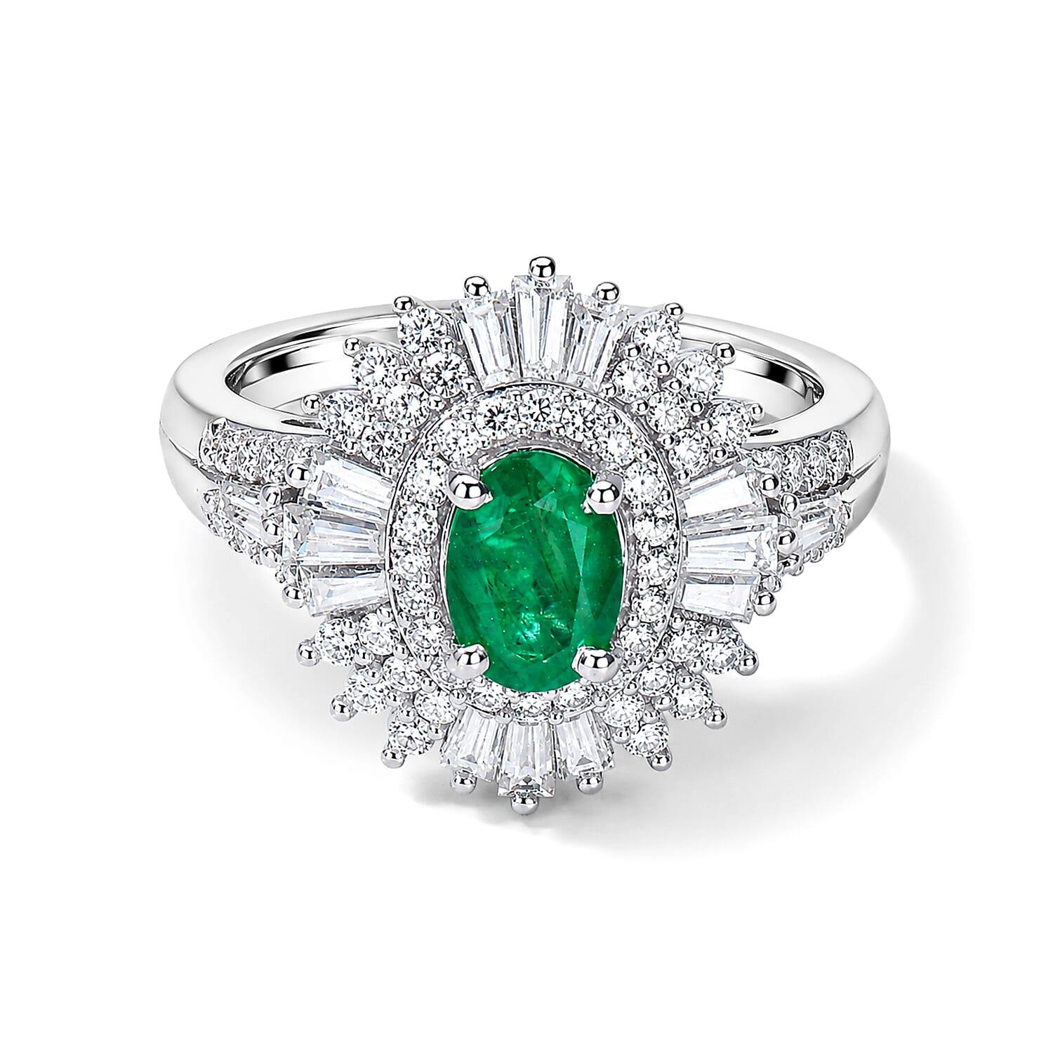 D'Joy AAA Kagem Zambian Emerald and Moissanite 1.65 ctw Halo Ring in Rhodium Over Sterling Silver (Size 10.0)