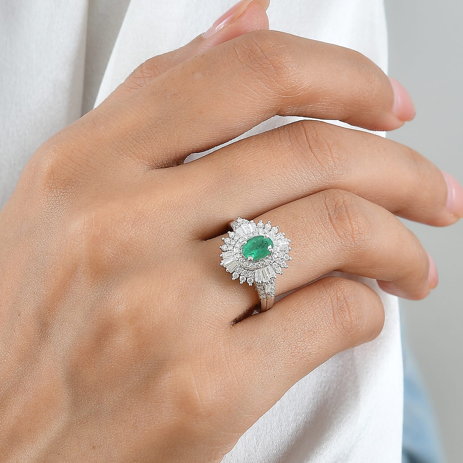 D'Joy AAA Kagem Zambian Emerald and Moissanite 1.65 ctw Halo Ring in Rhodium Over Sterling Silver (Size 10.0)