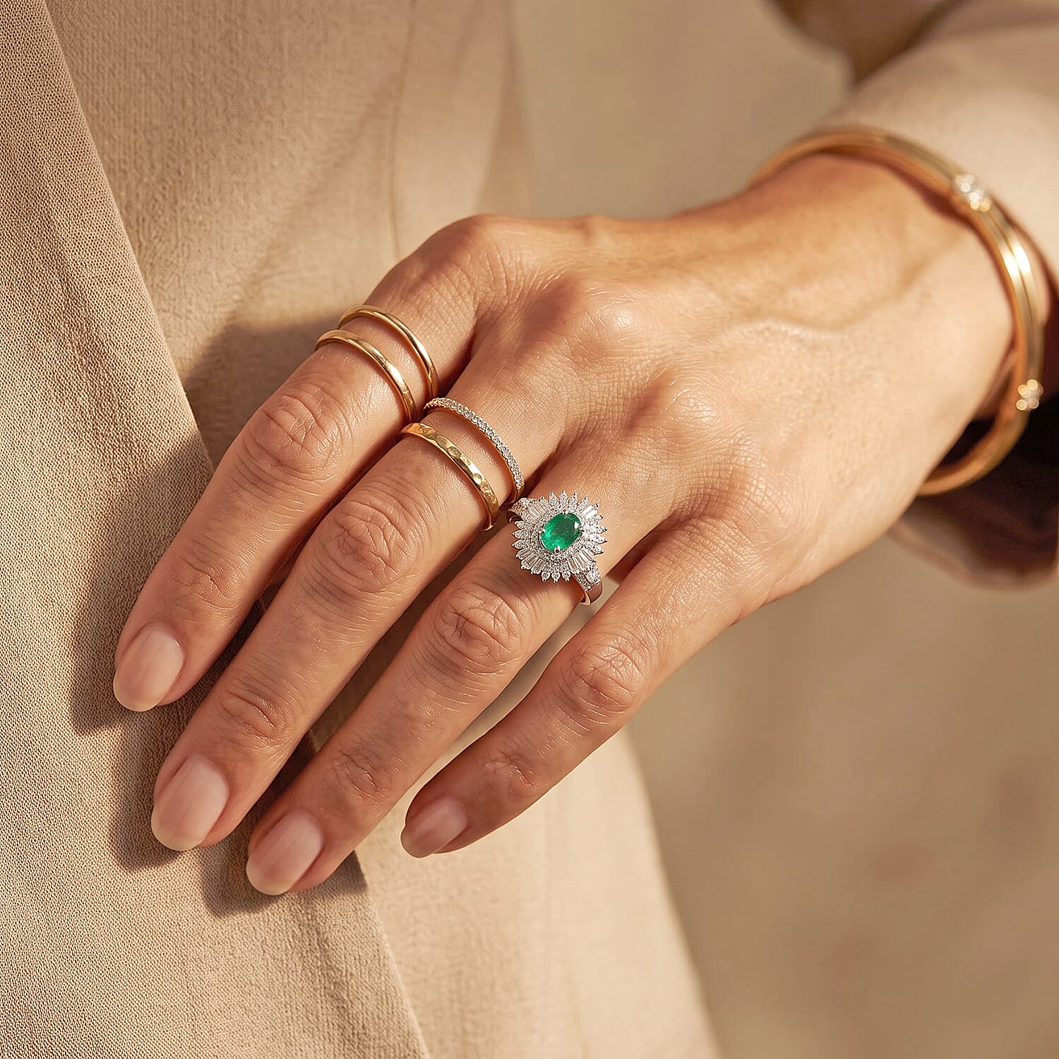 D'Joy AAA Kagem Zambian Emerald and Moissanite 1.65 ctw Halo Ring in Rhodium Over Sterling Silver (Size 10.0)