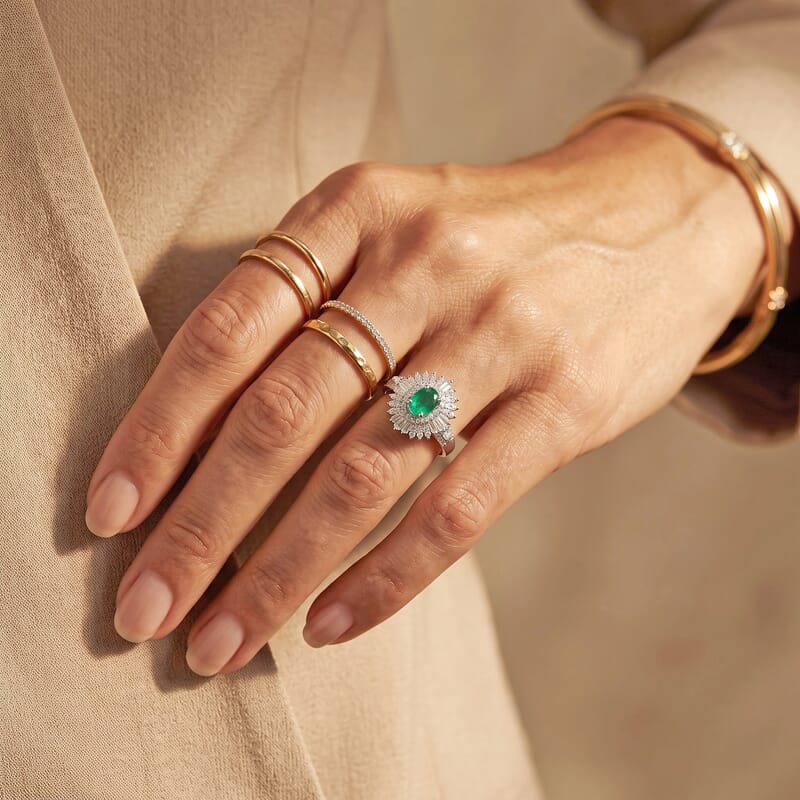 D'Joy AAA Kagem Zambian Emerald and Moissanite 1.65 ctw Halo Ring in Rhodium Over Sterling Silver (Size 10.0)