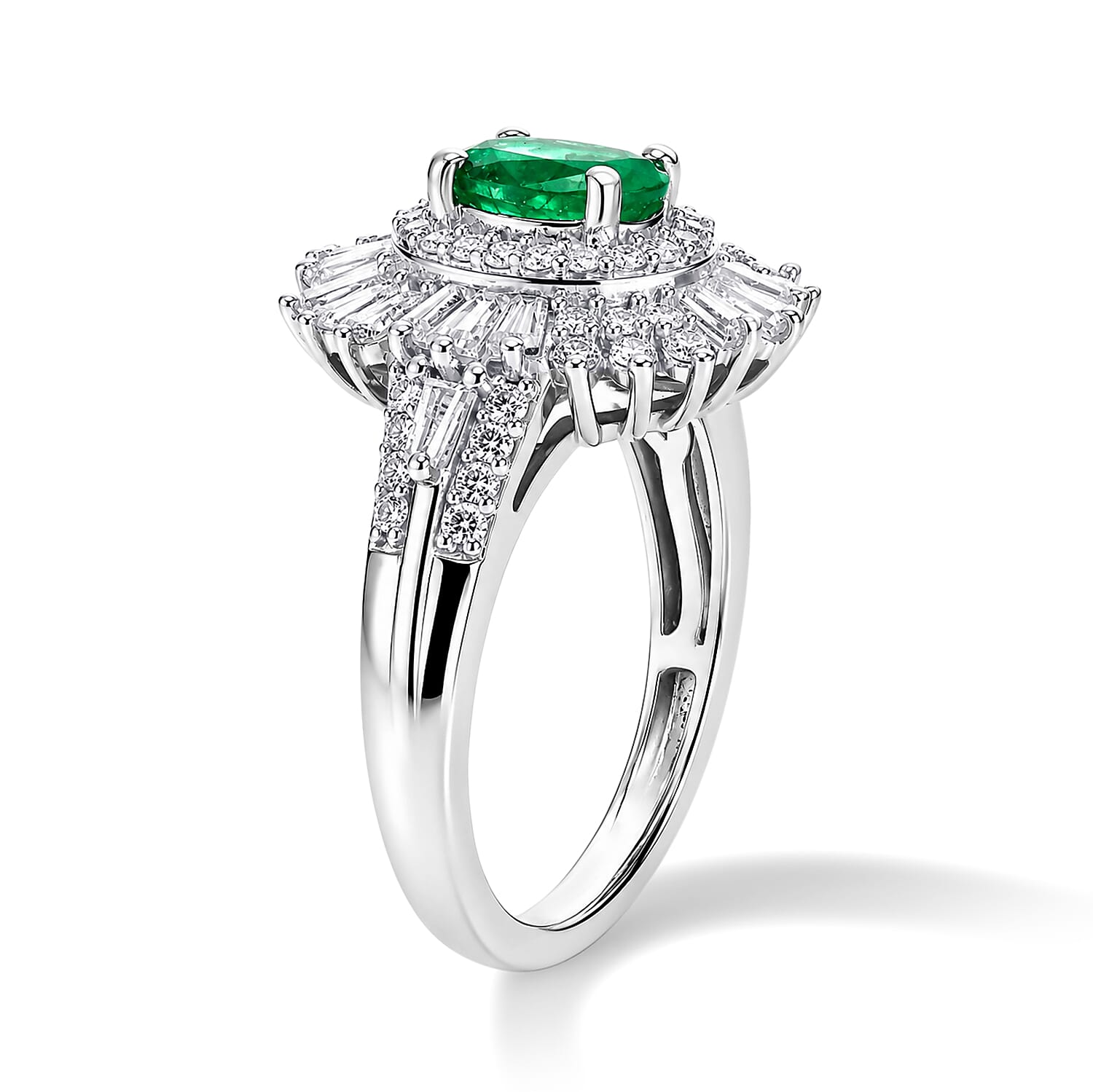 D'Joy AAA Kagem Zambian Emerald and Moissanite 1.65 ctw Halo Ring in Rhodium Over Sterling Silver (Size 10.0)