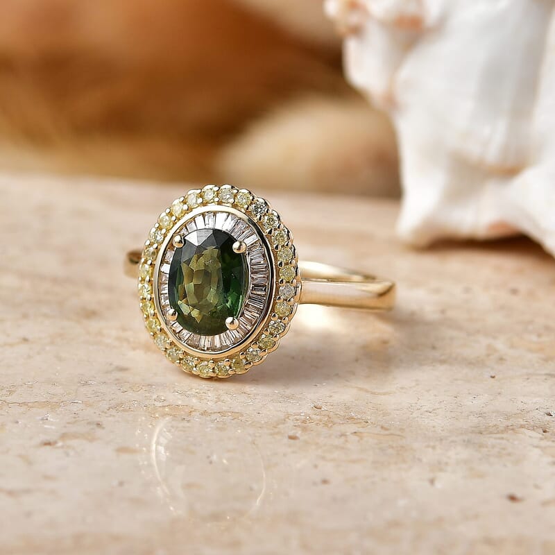 Luxoro Premium Milanoa Green Sapphire, Natural Yellow and White Diamond (I2) 2.12 ctw Majestic Sunburst Ring in 10K Yellow Gold (Size 5.0)
