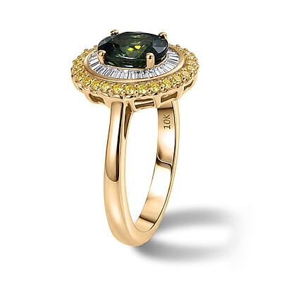 Luxoro Premium Milanoa Green Sapphire, Natural Yellow and White Diamond (I2) 2.12 ctw Majestic Sunburst Ring in 10K Yellow Gold (Size 5.0)