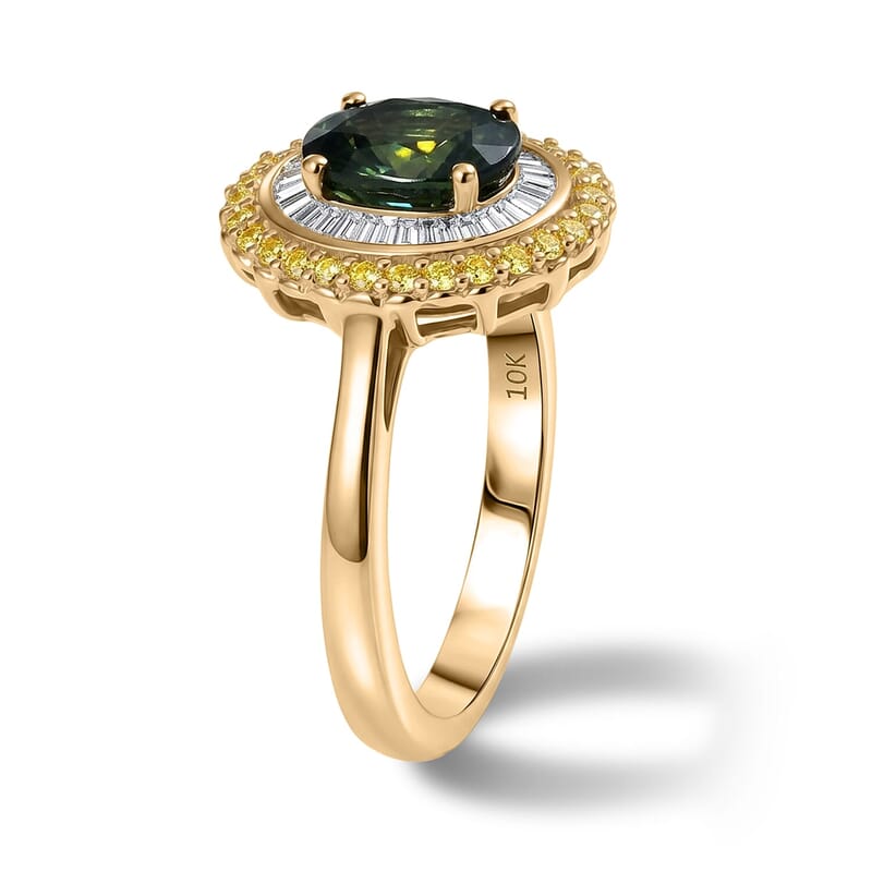 Luxoro Premium Milanoa Green Sapphire, Natural Yellow and White Diamond (I2) 2.12 ctw Majestic Sunburst Ring in 10K Yellow Gold (Size 5.0)
