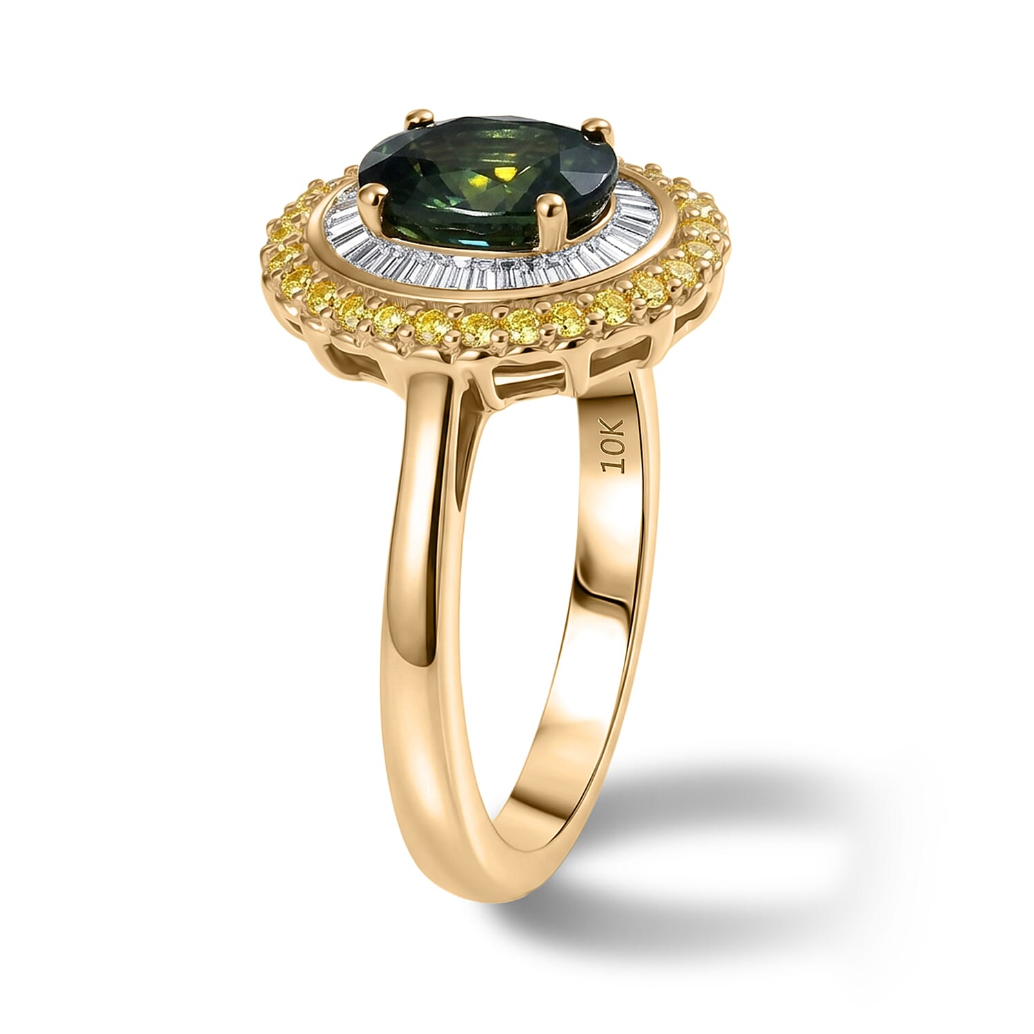 Luxoro Premium Milanoa Green Sapphire, Natural Yellow and White Diamond (I2) 2.00 ctw Majestic Sunburst Ring in 10K Yellow Gold (Size 6.0)