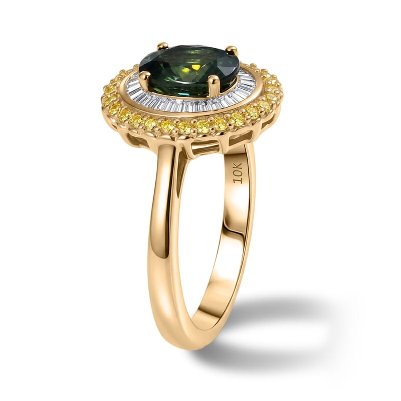 Luxoro Premium Milanoa Green Sapphire, Natural Yellow and White Diamond (I2) 2.00 ctw Majestic Sunburst Ring in 10K Yellow Gold (Size 6.0)