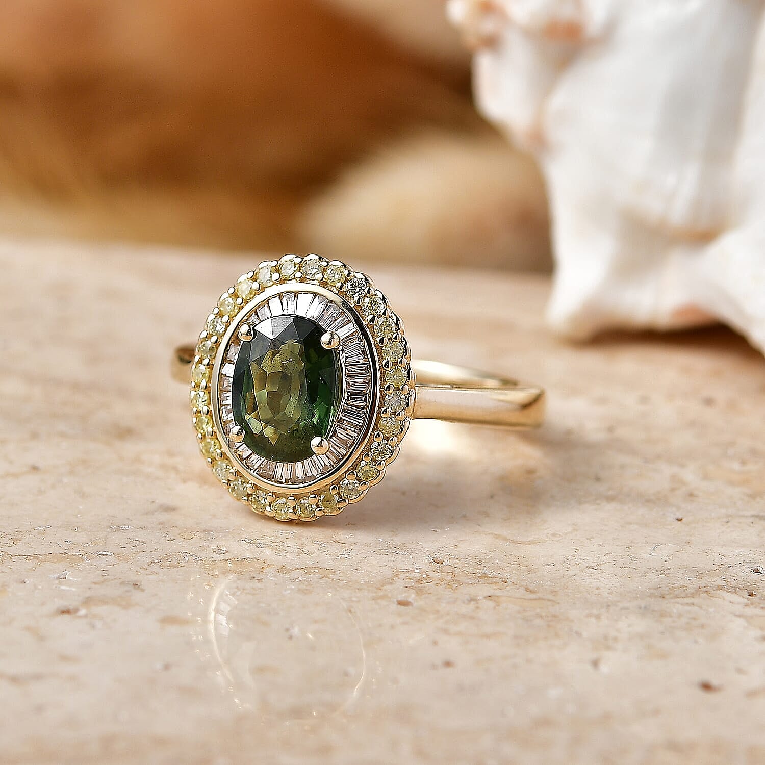 Luxoro Premium Malawi Green Sapphire, Natural Yellow and White Diamond (I2) 2.00 ctw Majestic Sunburst Ring in 10K Yellow Gold (Size 7.0)