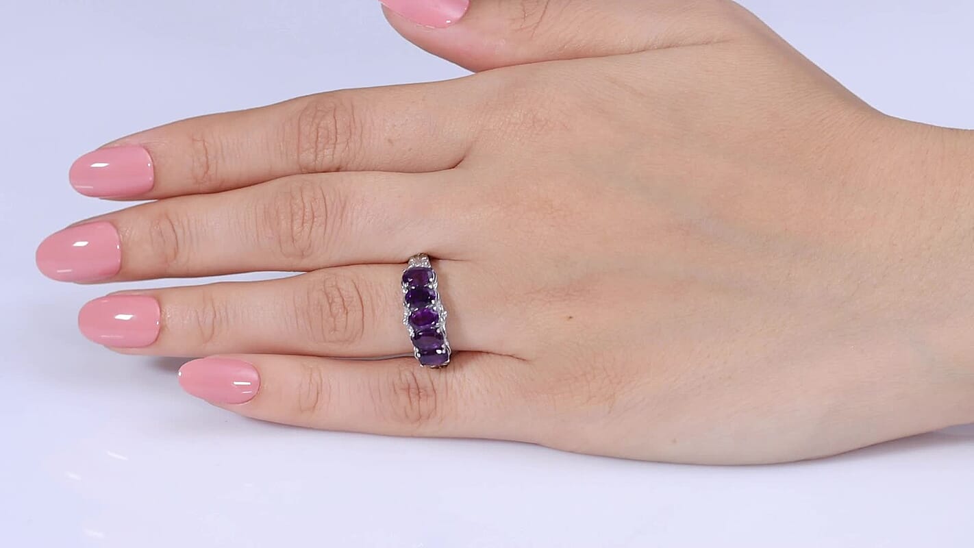 EverTrue African Amethyst 5 Stone Ring in Stainless Steel (Size 10.0) 2.15 ctw