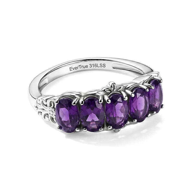 EverTrue African Amethyst 5 Stone Ring in Stainless Steel (Size 10.0) 2.15 ctw