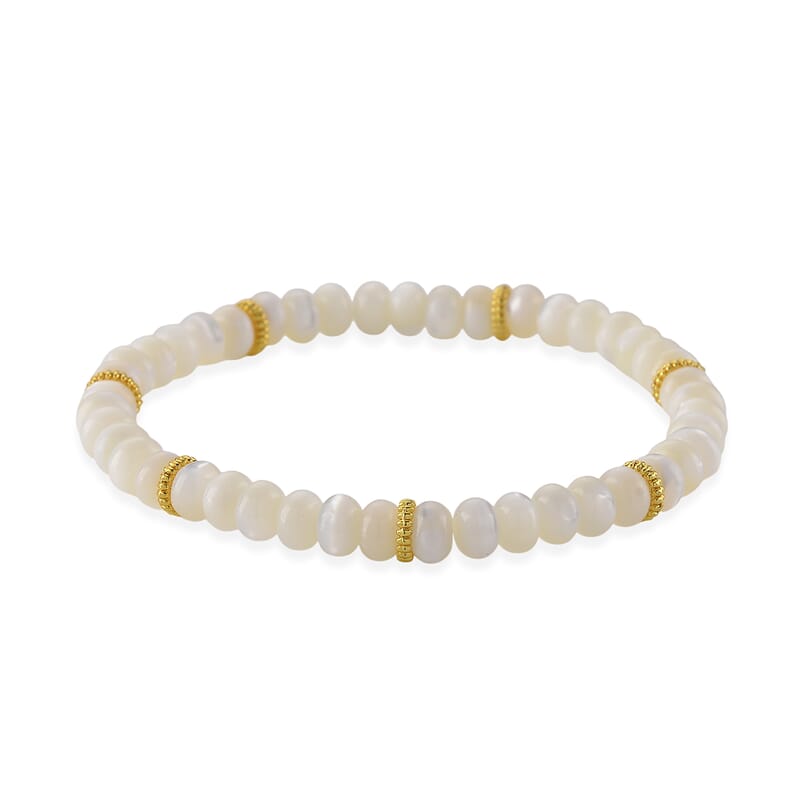 White Shell Pearl Strach Bracelet in Goldtone (6.75-8.75In)