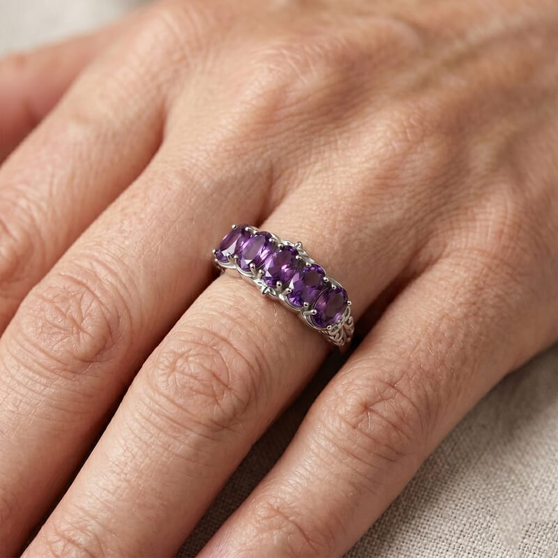 EverTrue African Amethyst 5 Stone Ring in Stainless Steel (Size 10.0) 2.15 ctw