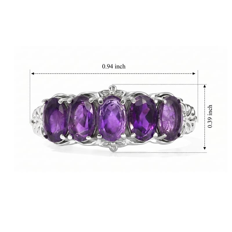 EverTrue African Amethyst 5 Stone Ring in Stainless Steel (Size 10.0) 2.15 ctw