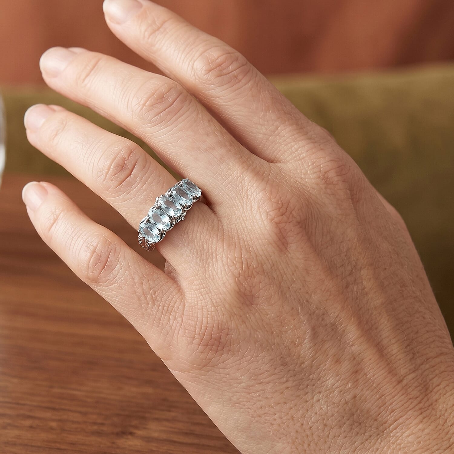 EverTrue Sky Blue Topaz 2.75 ctw 5 Stone Ring in Stainless Steel (Size 5.0)