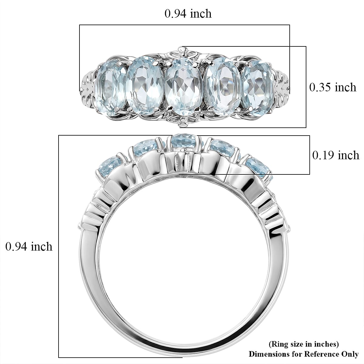 EverTrue Sky Blue Topaz 2.75 ctw 5 Stone Ring in Stainless Steel (Size 5.0)