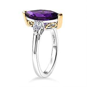 D'Joy AAA Zambian Amethyst and Moissanite 2.75 ctw Regal Marquise Spark Ring in 18K Vermeil Yellow Gold and Rhodium Over Sterling Silver (Size 10.0)