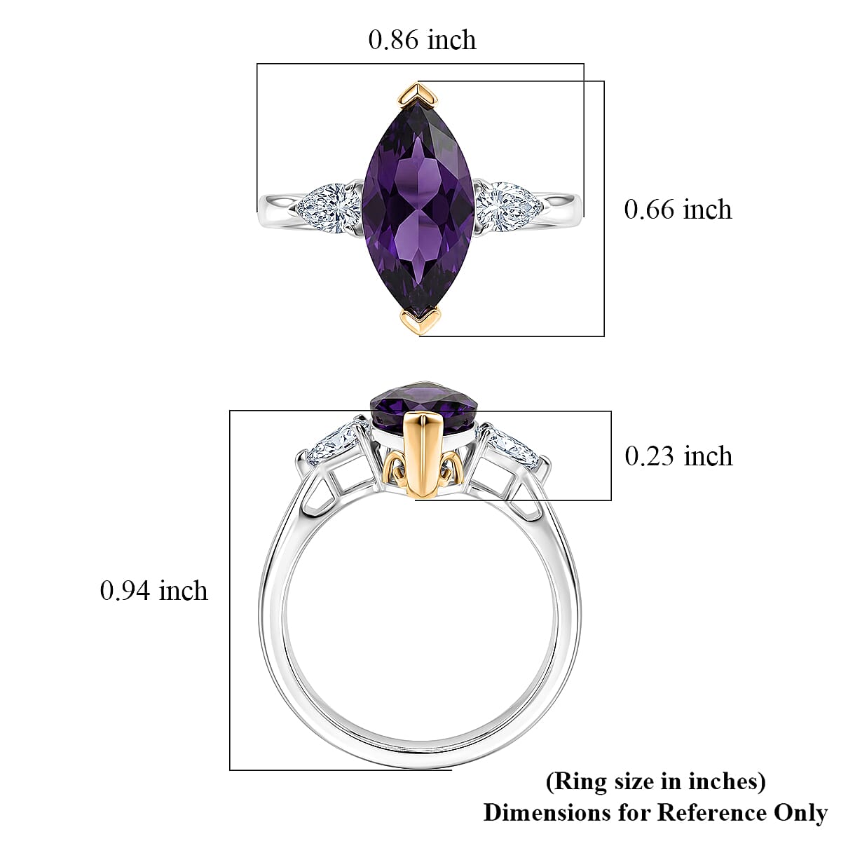 D'Joy AAA Zambian Amethyst and Moissanite 2.75 ctw Regal Marquise Spark Ring in 18K Vermeil Yellow Gold and Rhodium Over Sterling Silver (Size 10.0) image number 5