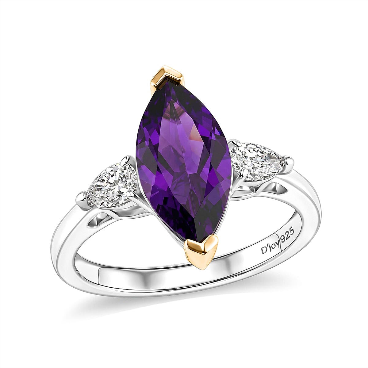 D'Joy AAA Zambian Amethyst and Moissanite 2.75 ctw Regal Marquise Spark Ring in 18K Vermeil Yellow Gold and Rhodium Over Sterling Silver (Size 6.0)