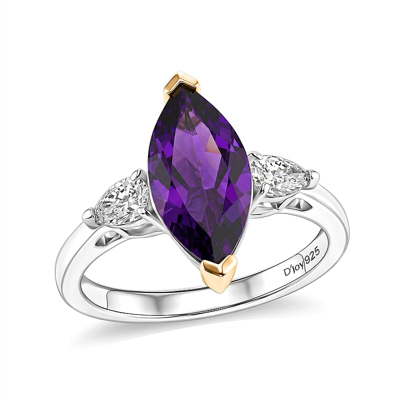 D'Joy AAA Zambian Amethyst and Moissanite 2.75 ctw Regal Marquise Spark Ring in 18K Vermeil Yellow Gold and Rhodium Over Sterling Silver (Size 6.0)
