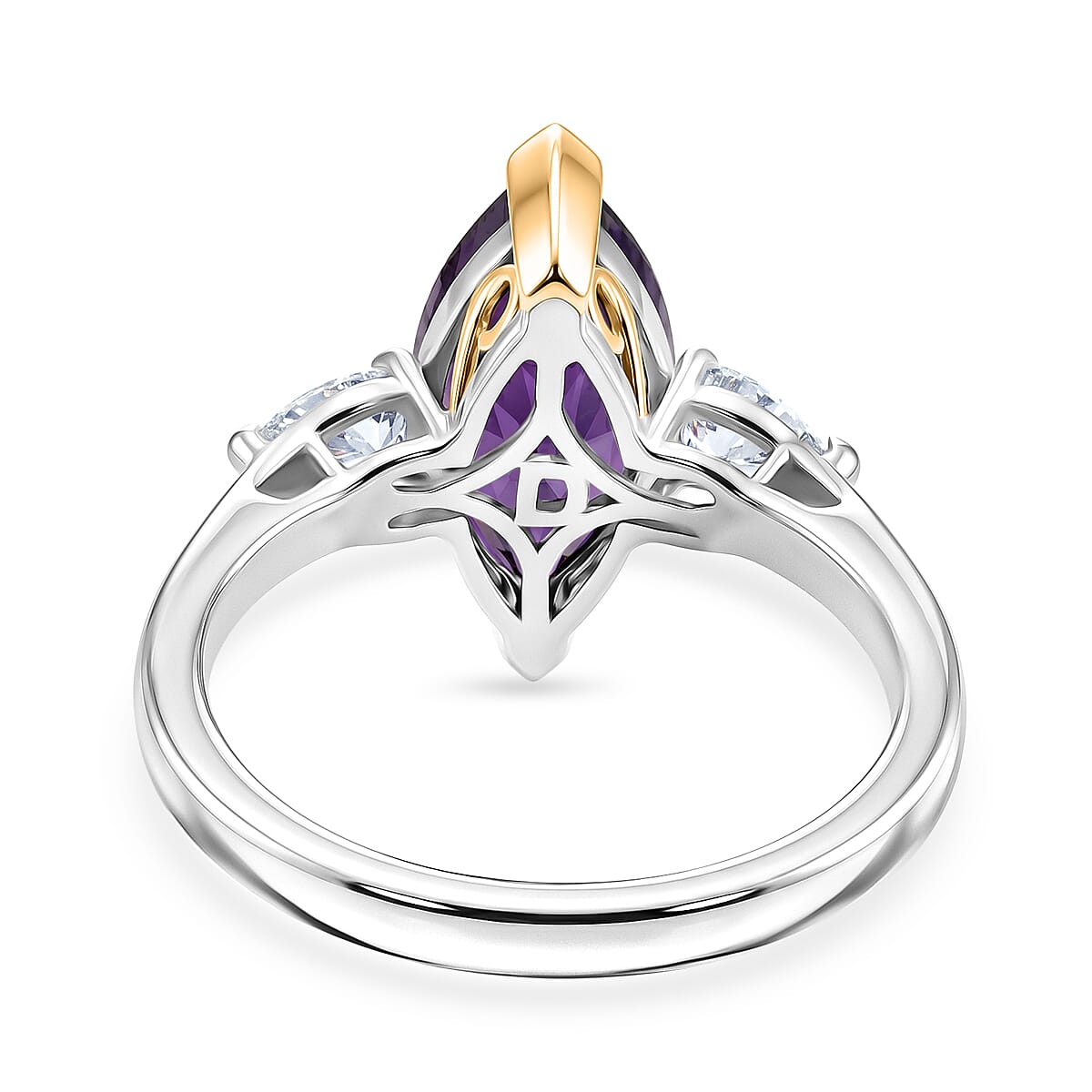 D'Joy AAA Zambian Amethyst and Moissanite 2.75 ctw Regal Marquise Spark Ring in 18K Vermeil Yellow Gold and Rhodium Over Sterling Silver (Size 6.0)