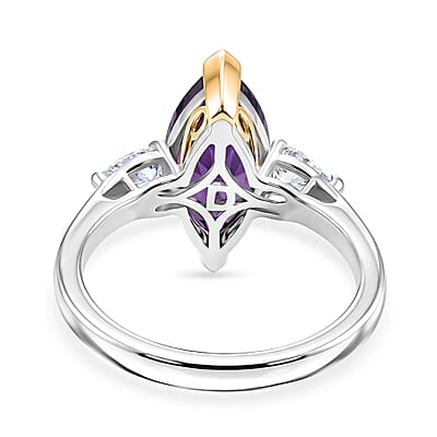 D'Joy AAA Zambian Amethyst and Moissanite 2.75 ctw Regal Marquise Spark Ring in 18K Vermeil Yellow Gold and Rhodium Over Sterling Silver (Size 6.0)