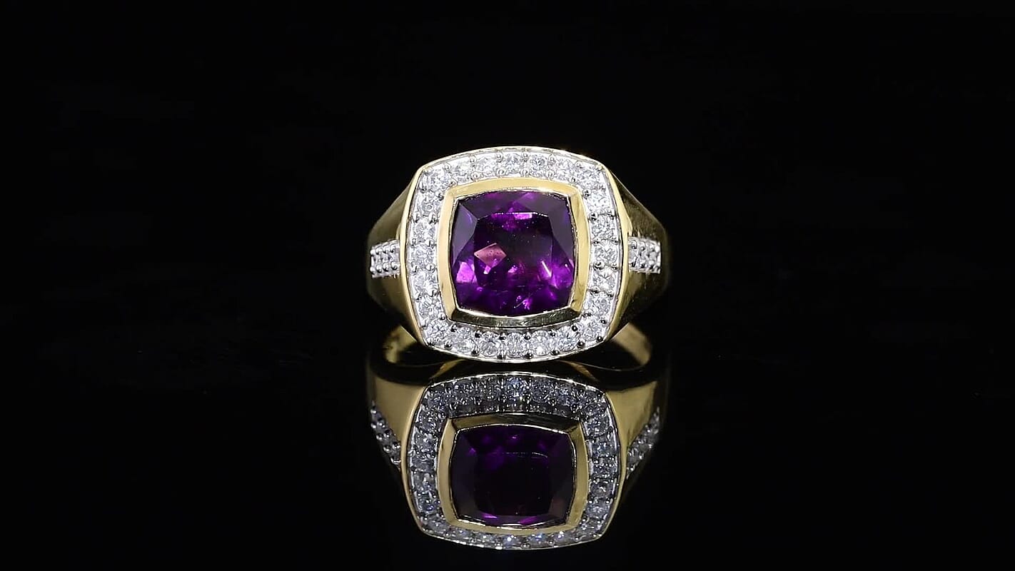 D'Joy AAA Zambian Amethyst, Moissanite Ring in 18K Vermeil YG Over Sterling Silver (Size 10.0) 4.70 ctw