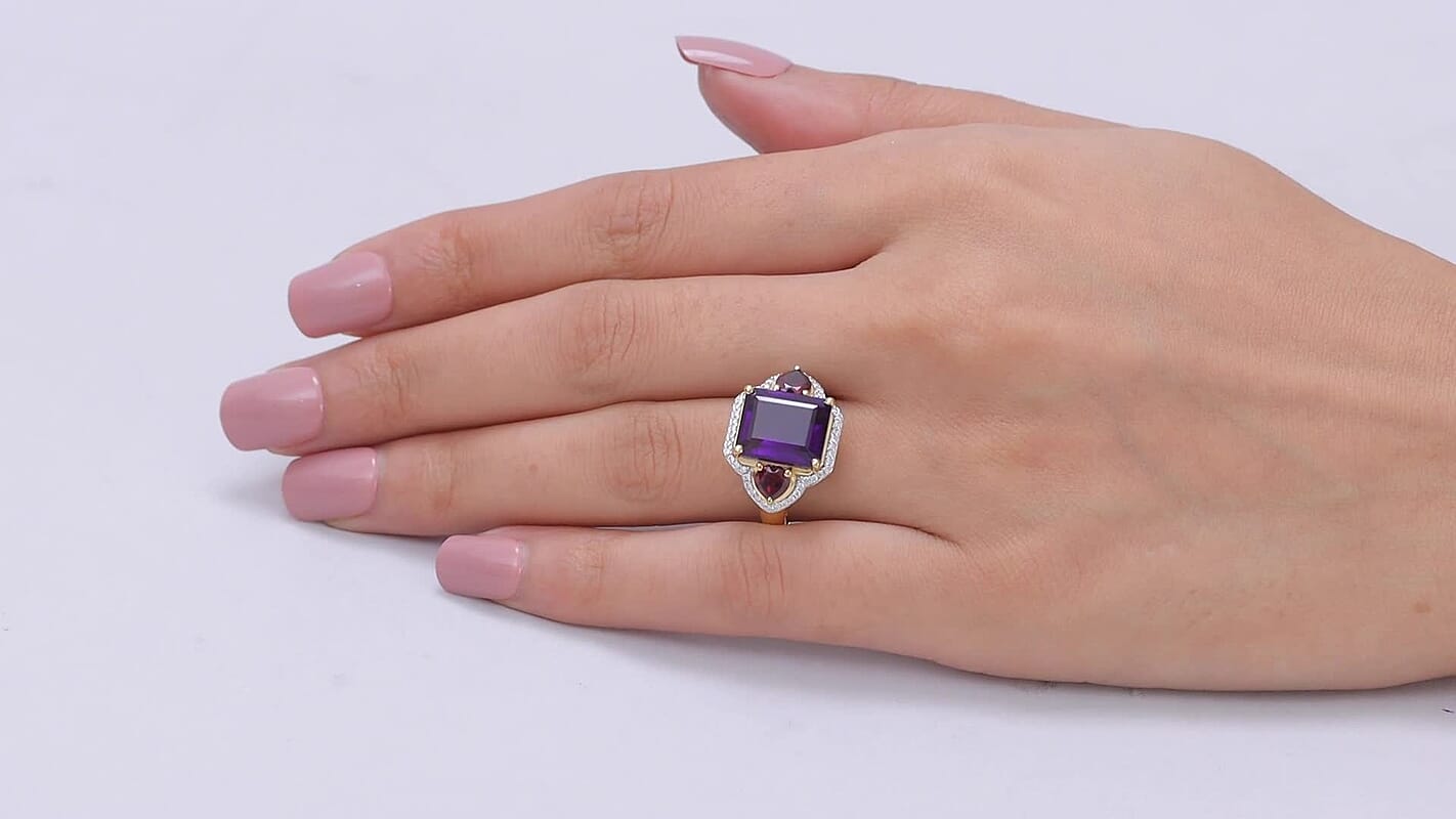 D'Joy AAA Zambian Amethyst and Multi Gemstone 7.30 ctw Ring in 18K Vermeil Yellow Gold Over Sterling Silver