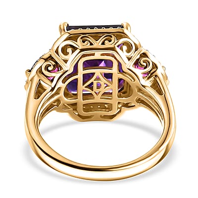 D'Joy AAA Zambian Amethyst and Multi Gemstone 7.30 ctw Palace Three-Stone Ring in 18K Vermeil Yellow Gold Over Sterling Silver (Size 6.0)