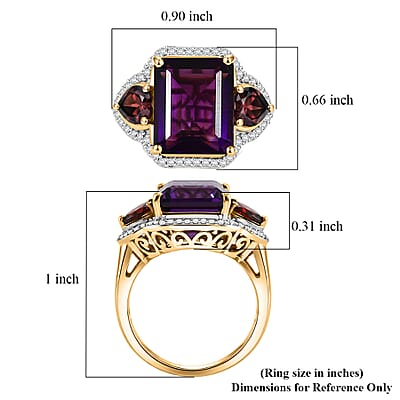 D'Joy AAA Zambian Amethyst and Multi Gemstone 7.30 ctw Palace Three-Stone Ring in 18K Vermeil Yellow Gold Over Sterling Silver (Size 6.0)