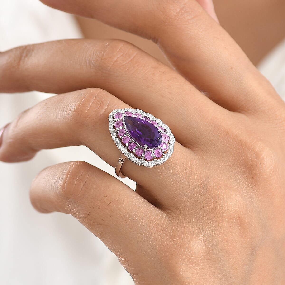 D'Joy AAA Zambian Amethyst and Multi Gemstone 4.00 ctw Royal Teardrop Bloom Ring in Rhodium Over Sterling Silver (Size 10.0) image number 2