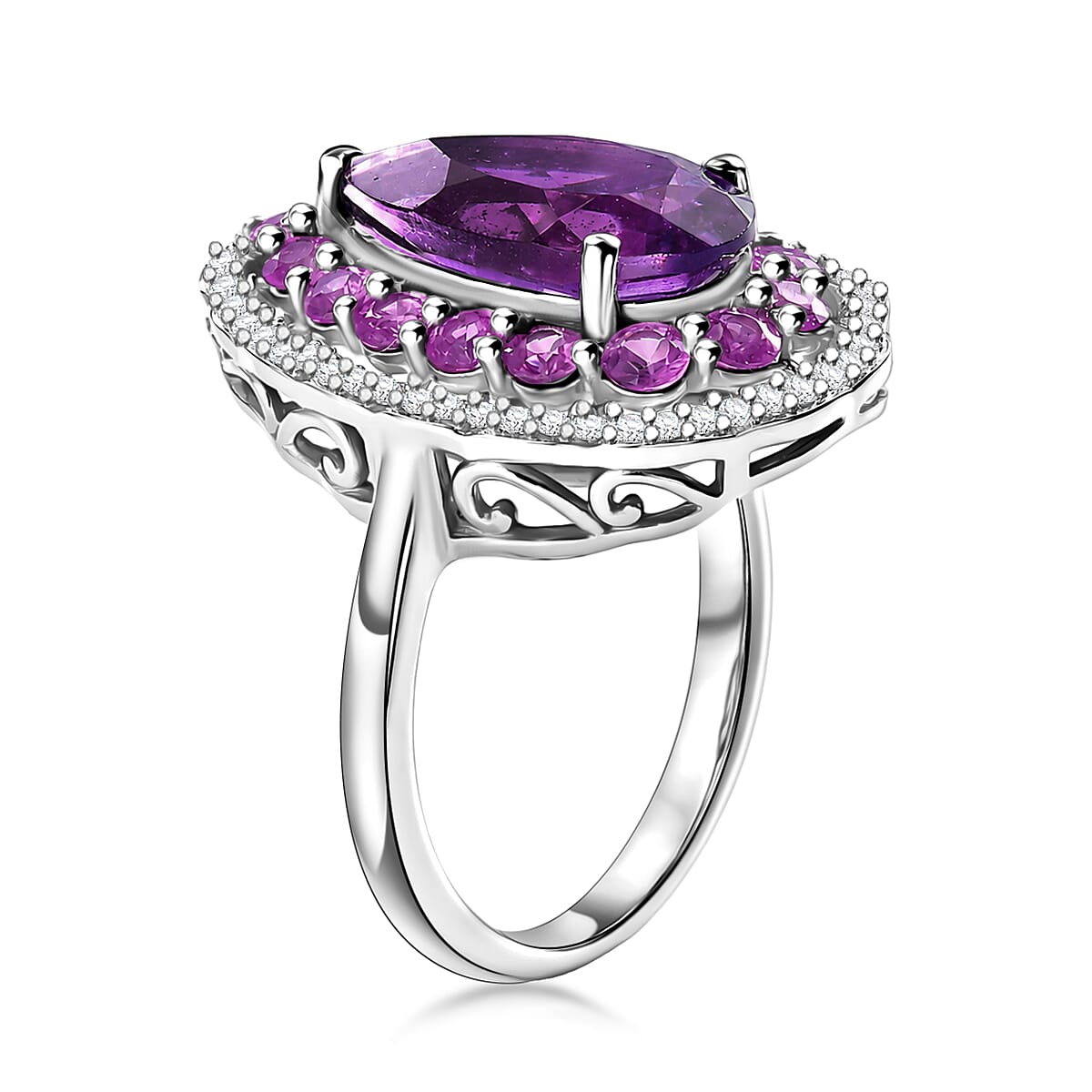 D'Joy AAA Zambian Amethyst and Multi Gemstone 4.00 ctw Royal Teardrop Bloom Ring in Rhodium Over Sterling Silver (Size 10.0) image number 3