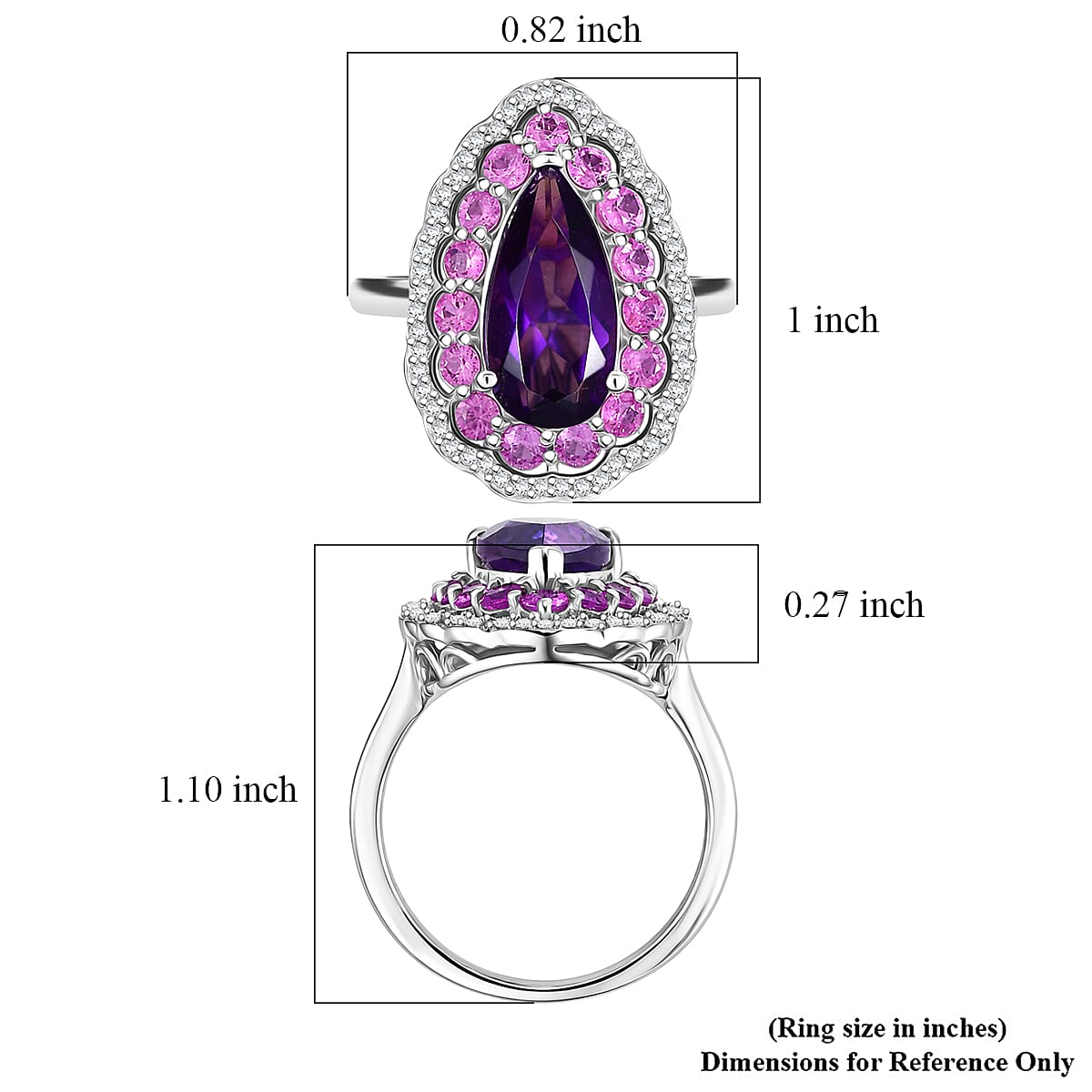 D'Joy AAA Zambian Amethyst and Multi Gemstone 4.00 ctw Royal Teardrop Bloom Ring in Rhodium Over Sterling Silver (Size 10.0) image number 5