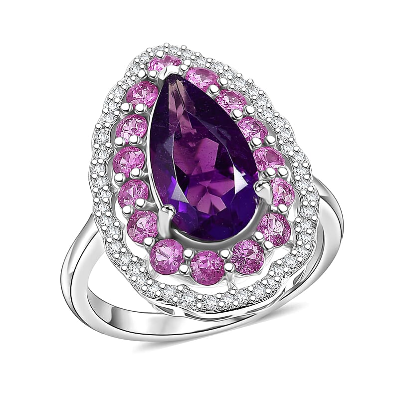 D'Joy AAA Zambian Amethyst and Multi Gemstone 4.00 ctw Royal Teardrop Bloom Ring in Rhodium Over Sterling Silver (Size 6.0)