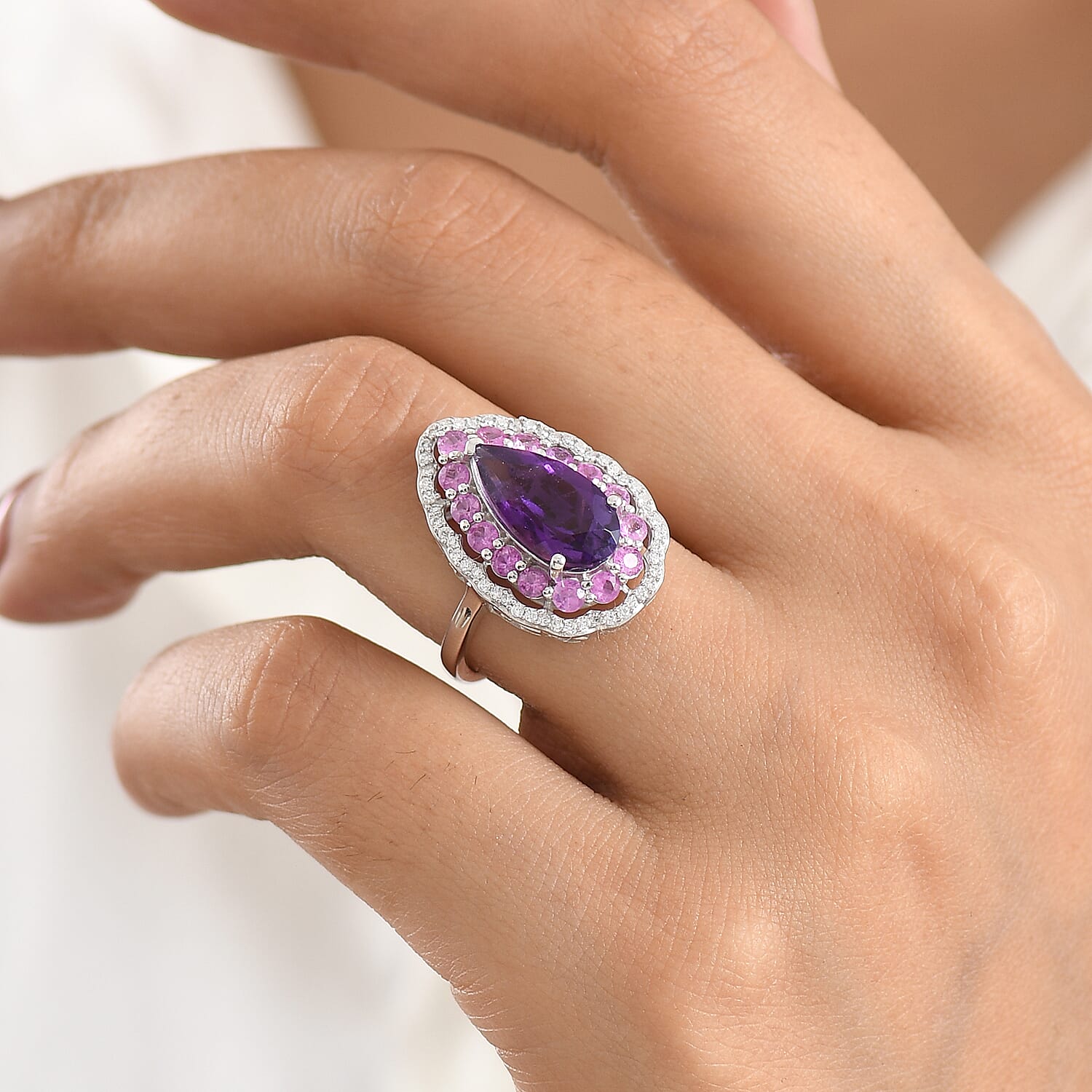 D'Joy AAA Zambian Amethyst and Multi Gemstone 4.00 ctw Royal Teardrop Bloom Ring in Rhodium Over Sterling Silver (Size 6.0)