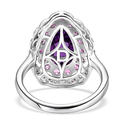 D'Joy AAA Zambian Amethyst and Multi Gemstone 4.00 ctw Royal Teardrop Bloom Ring in Rhodium Over Sterling Silver (Size 6.0)