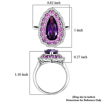 D'Joy AAA Zambian Amethyst and Multi Gemstone 4.00 ctw Royal Teardrop Bloom Ring in Rhodium Over Sterling Silver (Size 6.0)