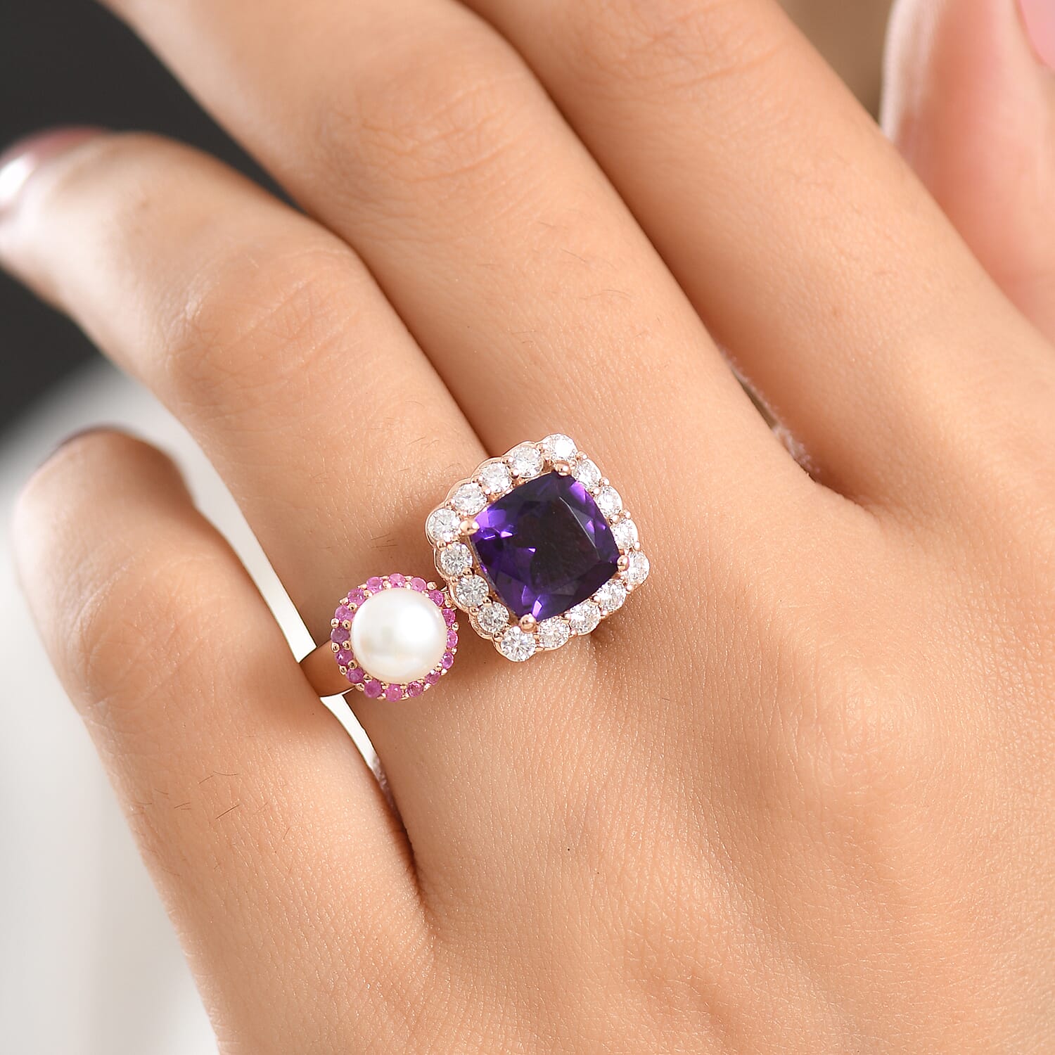 D'Joy AAA Zambian Amethyst and Multi Gemstone 3.65 ctw Palace Twin Gem Ring in 18K Vermeil Rose Gold Over Sterling Silver (Size 10.0) (Ships in 8-10 Days)