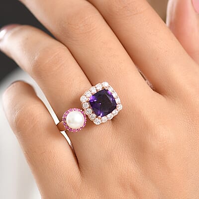 D'Joy AAA Zambian Amethyst and Multi Gemstone 3.65 ctw Palace Twin Gem Ring in 18K Vermeil Rose Gold Over Sterling Silver (Size 10.0) (Ships in 8-10 Days)