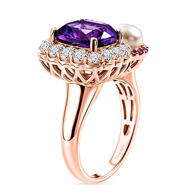 D'Joy AAA Zambian Amethyst and Multi Gemstone 3.65 ctw Palace Twin Gem Ring in 18K Vermeil Rose Gold Over Sterling Silver (Size 10.0) (Ships in 8-10 Days)