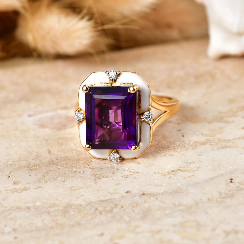 D'Joy AAA Zambian Amethyst and Moissanite 5.90 ctw Regal Deco Ring in 18K Vermeil Yellow Gold Over Sterling Silver (Size 7.0)