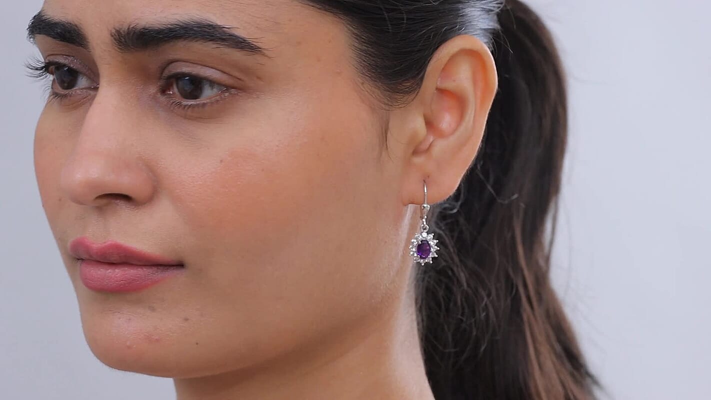 D'Joy AAA Zambian Amethyst, White Zircon Earrings in Rhodium Over Sterling Silver 2.85 ctw