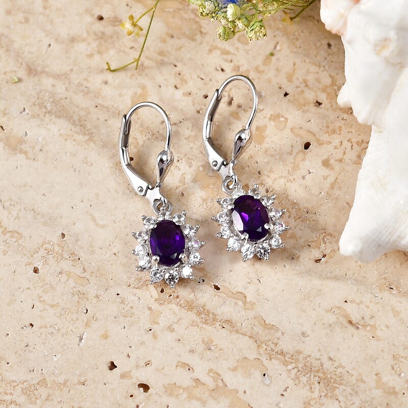 D'Joy AAA Zambian Amethyst and White Zircon 2.85 ctw Regal Deco Earrings in Rhodium Over Sterling Silver