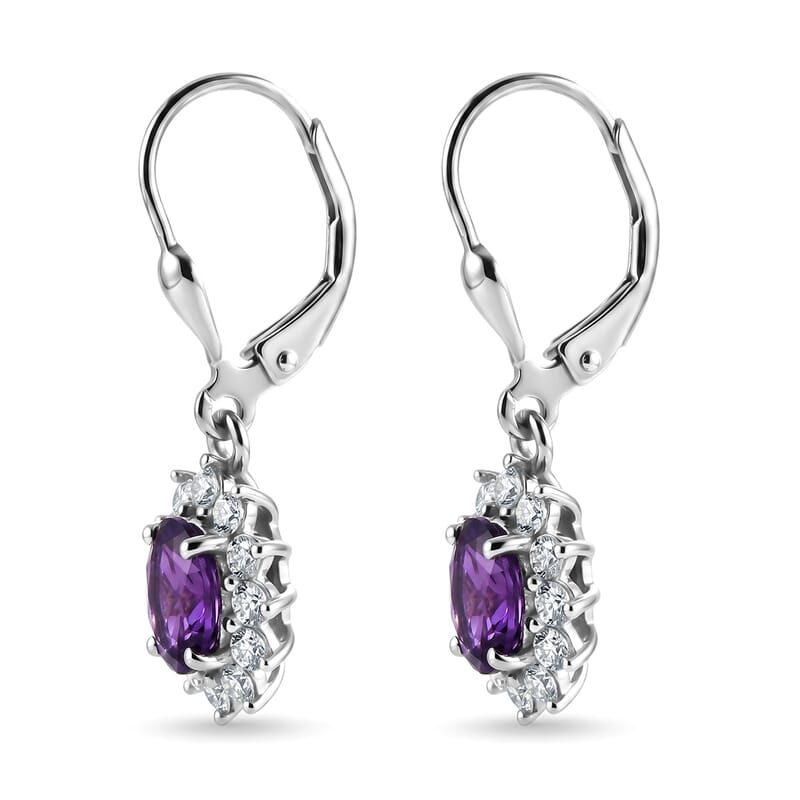 D'Joy AAA Zambian Amethyst and White Zircon 2.85 ctw Regal Deco Earrings in Rhodium Over Sterling Silver