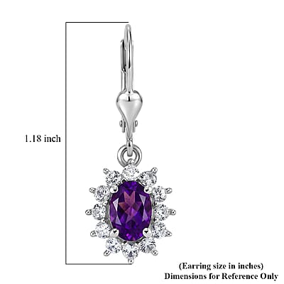 D'Joy AAA Zambian Amethyst and White Zircon 2.85 ctw Regal Deco Earrings in Rhodium Over Sterling Silver